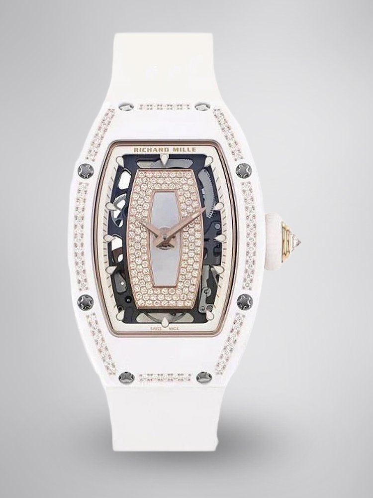 55bd5de3b76074d8a935795fb5fc3945.jpg Elegant Swiss Richard Mille RM 07-01 Replica White Ceramic & Rose Gold Diamond Dial Watch – Luxury Style For Women - Image 1