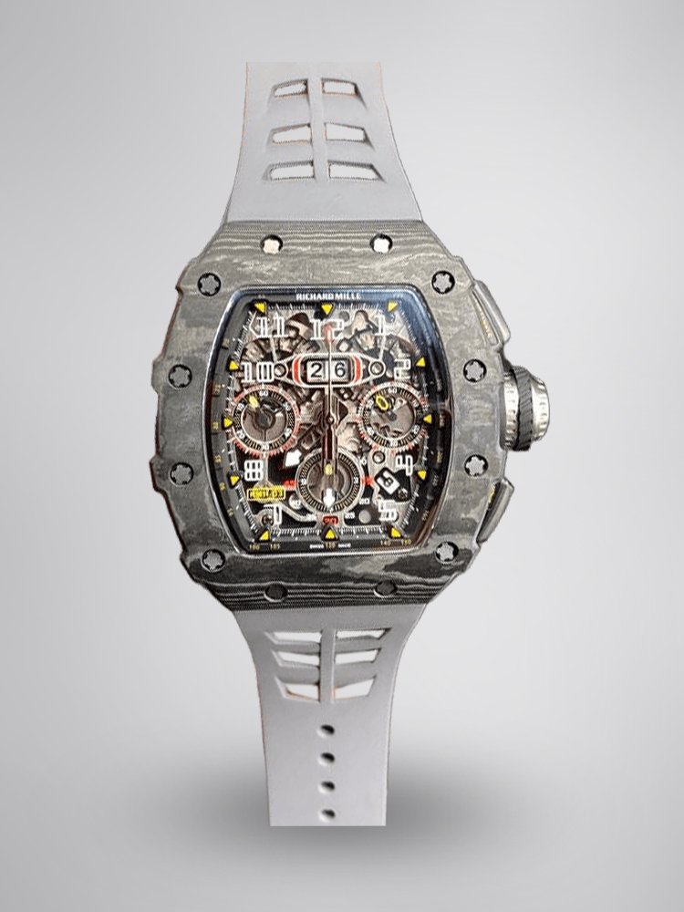 6a502a7e554ce9cad5ba106945eeefc7.jpg Swiss Richard Mille RM 11 Replica – 49mm Carbon Case, Skeleton Dial, Grey Rubber Strap - Image 1