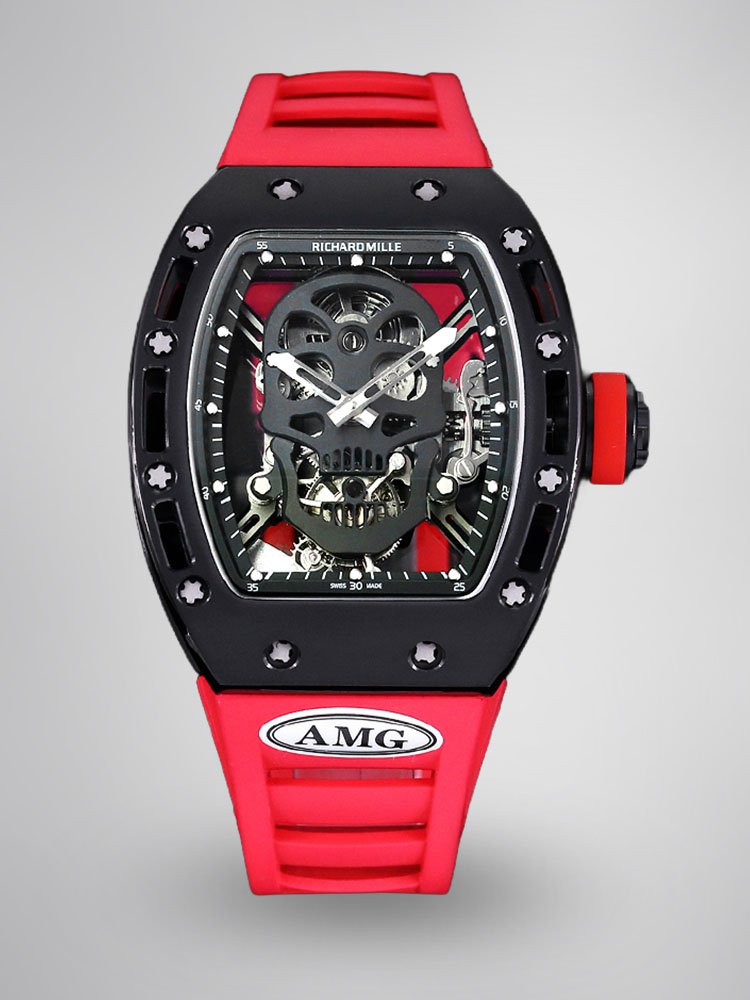 7d2f7b5990713a775a6509b64841ff3e.jpg Replica Richard Mille RM052 Titanium Skeleton Tourbillon Watch with Red Rubber Strap - Image 1