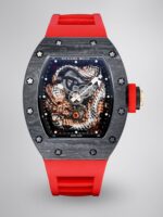 Swiss Replica Richard Mille RM 57-03 Dragon Skeleton Dial, Carbon Fiber Case, Red Rubber Strap Luxury Watch
