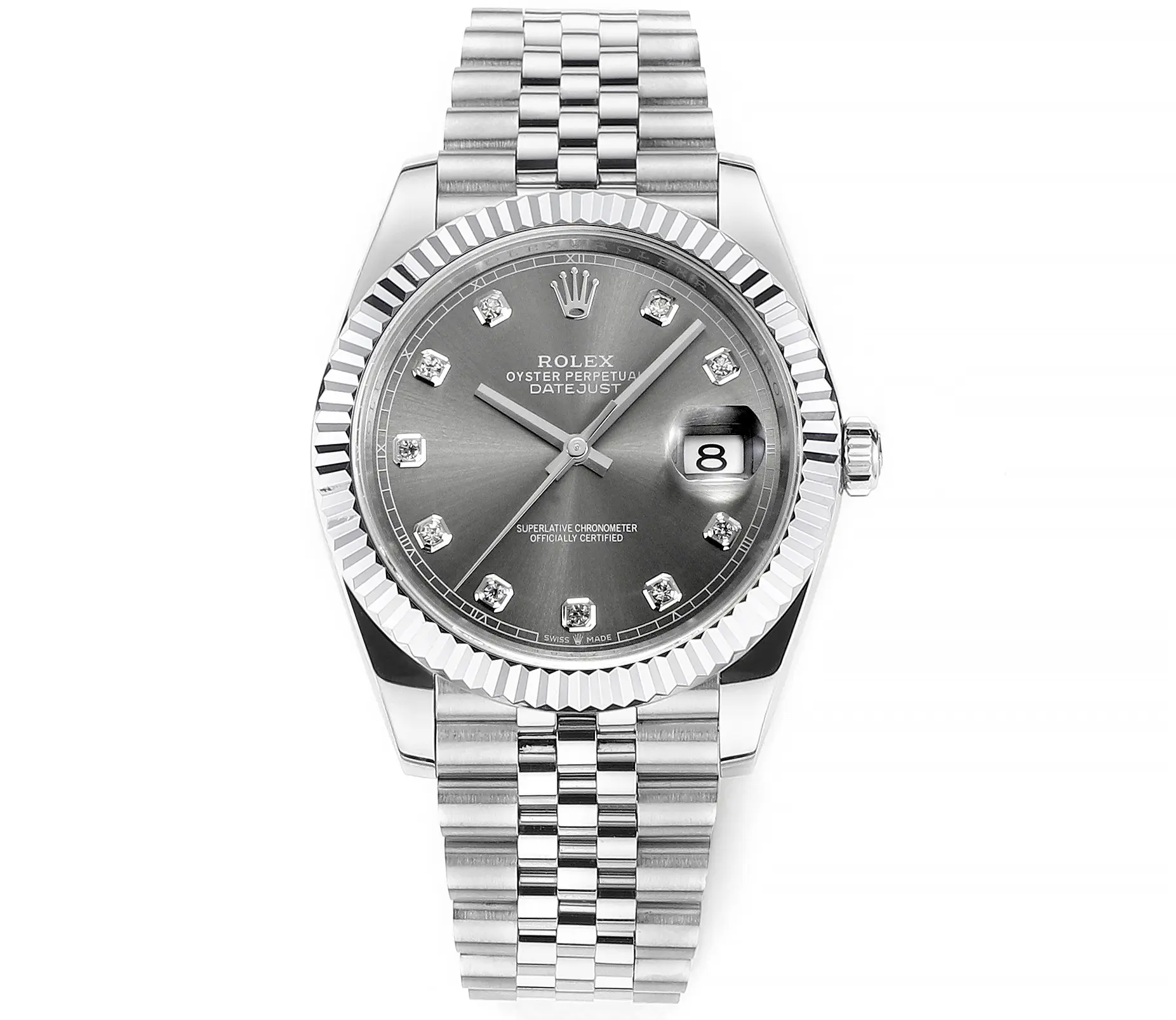 Rolex Datejust 41mm Watch – Silver Dial, Diamond Markers, Stainless Steel Jubilee Bracelet Rolex