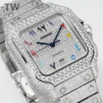 Cartier Santos Full Diamond Bezel Silver Watch - Image 9